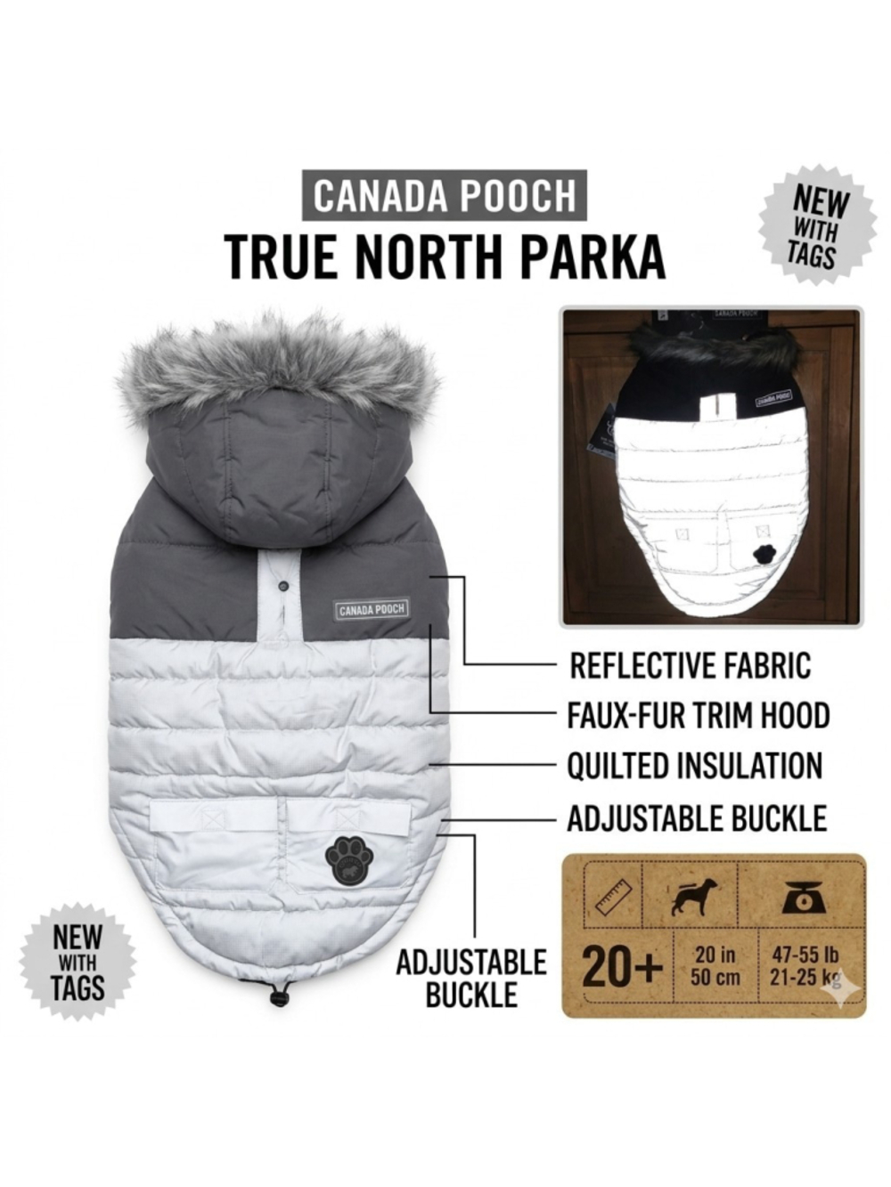 Canada Pooch True North Parka Grey Size 20+ | Reflective Dog Coat New with Tags
